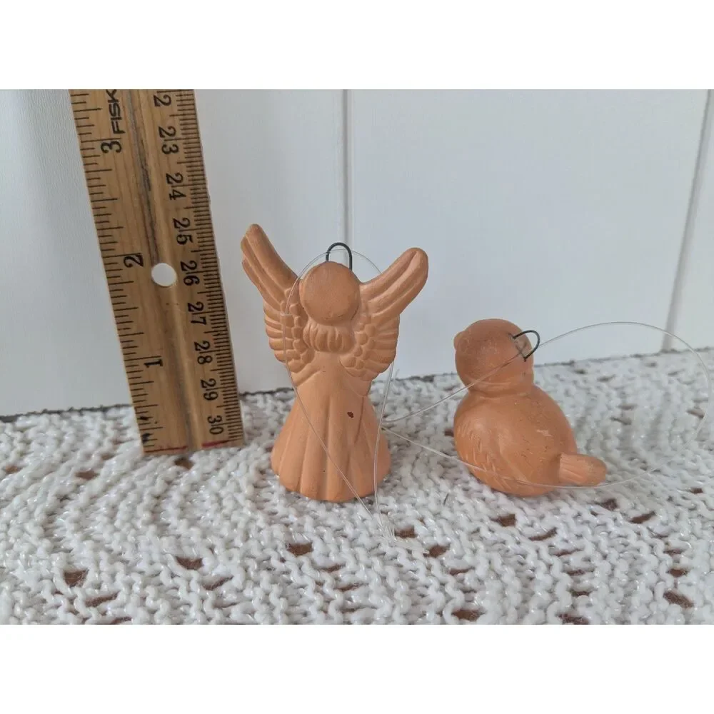 2 pcs terracotta angel and bird tree ornaments, made in Mexico